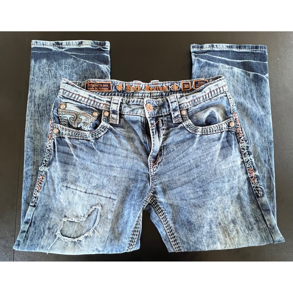Rock Revival Felex Slim Straight Distressed Acid Wash Jeans Mens 36 x 28